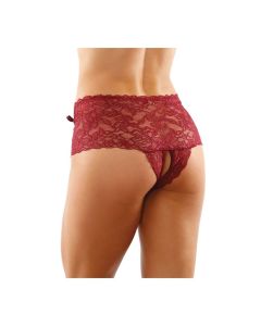 Bottoms Up Magnolia Stretch Lace Crotchless Panty w/Ribbon Lace Up Front Garnet