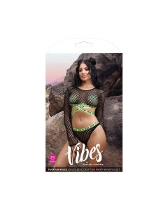 Vibes Fuck Ur Rules Long Sleeve Crop Top, Panty & Pasties Black/Green