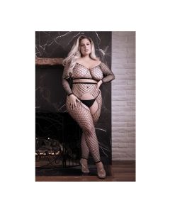 Sheer Stunner Rhinestone Fishnet Long Sleeve Top & Crotchless Tights QN