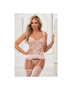 Lace Up Garter Corset w/Thong & Stockings Champagne Pink O/S