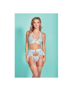 Mercedes Cross Dyed Galloon Lace Strappy Halter Bra, Garter Skirt & G-String Light Blue