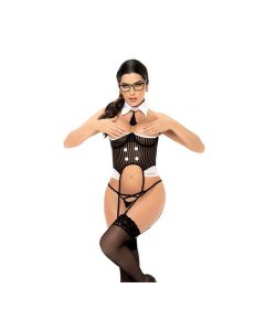 3 pc CEO Open Cup Bodysuit w/Attached Garterstraps, Bottom & Collar w/Tie Blk/Wht XL