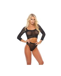 Rhinestone Crop Top w/High Waist Panty Black O/S